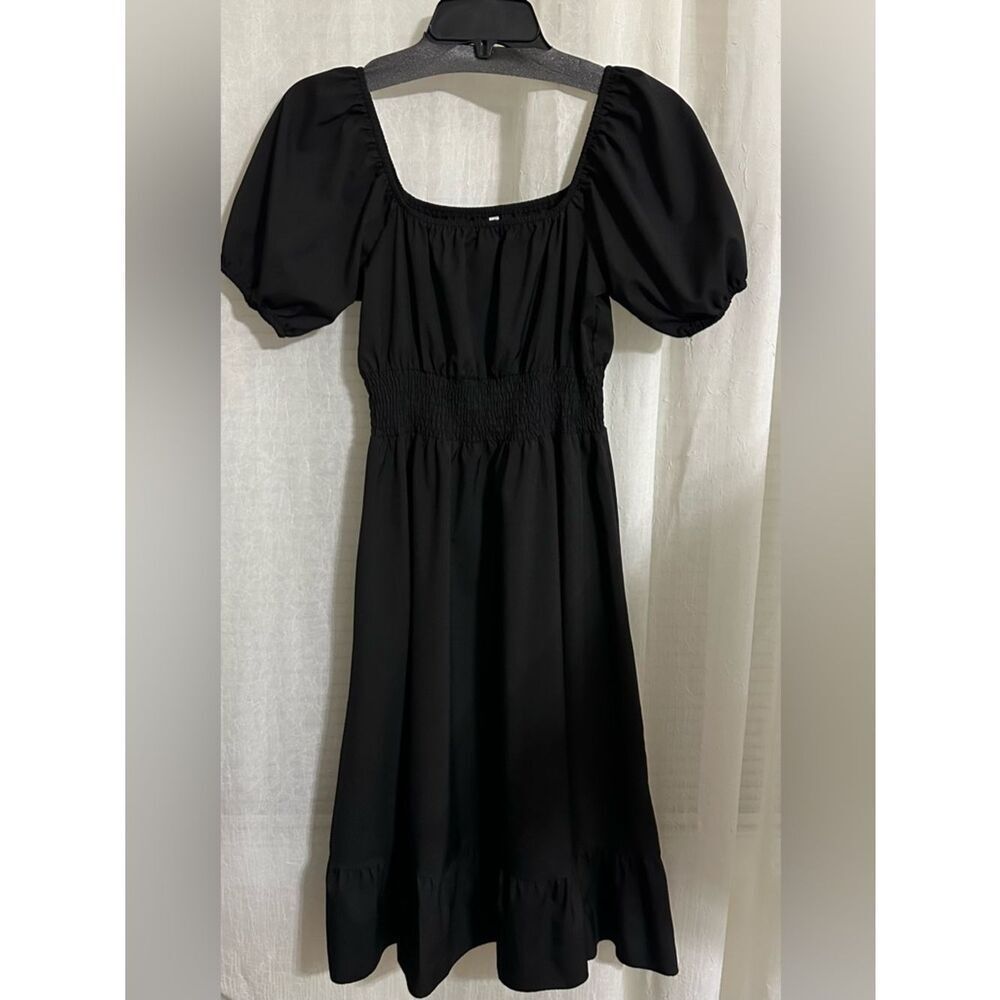 Black S Square Neck Puff Short Sleeve Gathered Waist Ruffle Hem Midi Dress